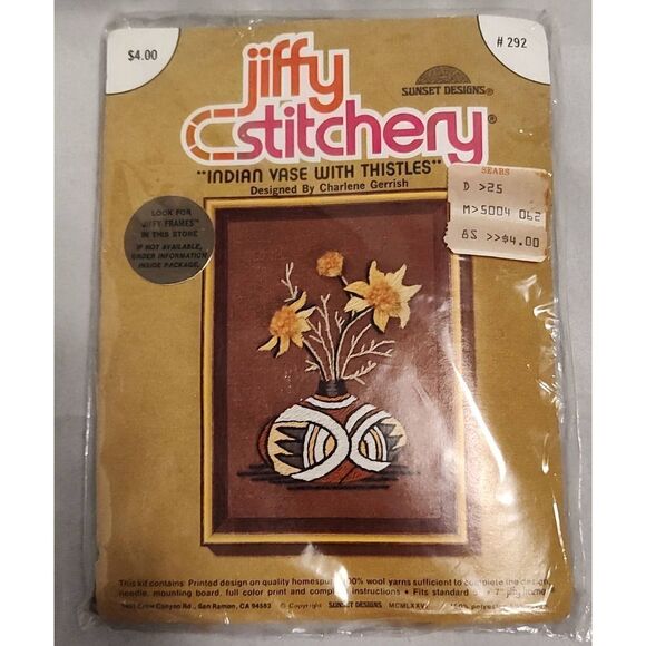 Vintage JIFFY STITCHERY "Indian Vase With Thistles" Charlene Gerrish. NIP - Picture 2 of 3